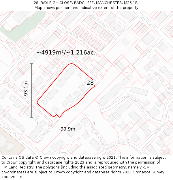28, RAYLEIGH CLOSE, RADCLIFFE, MANCHESTER, M26 1RL: Plot and title map