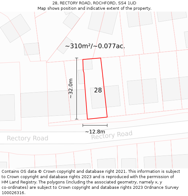 28, RECTORY ROAD, ROCHFORD, SS4 1UD: Plot and title map