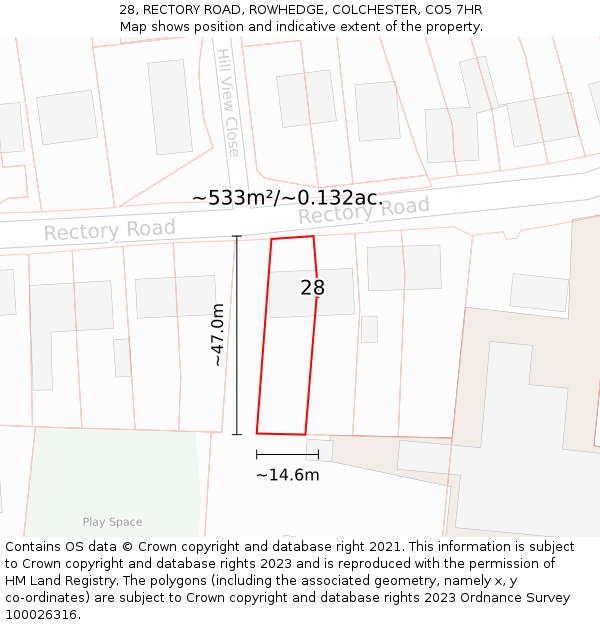 28, RECTORY ROAD, ROWHEDGE, COLCHESTER, CO5 7HR: Plot and title map