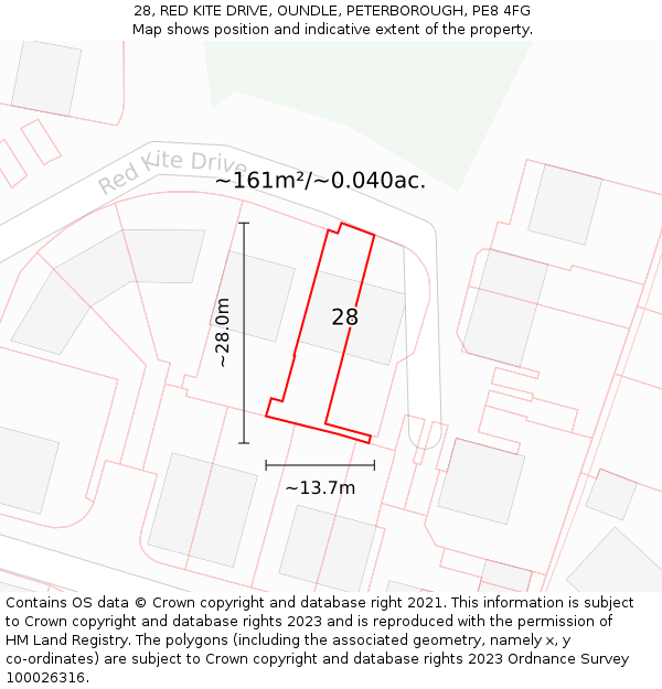 28, RED KITE DRIVE, OUNDLE, PETERBOROUGH, PE8 4FG: Plot and title map