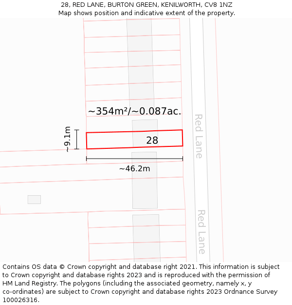 28, RED LANE, BURTON GREEN, KENILWORTH, CV8 1NZ: Plot and title map