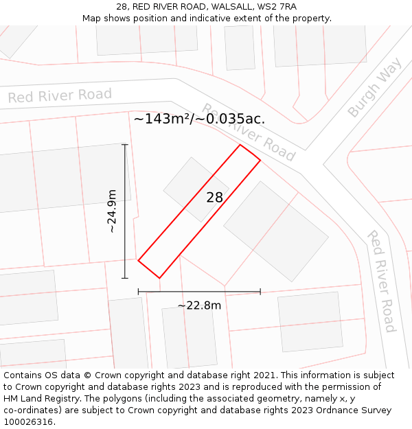 28, RED RIVER ROAD, WALSALL, WS2 7RA: Plot and title map