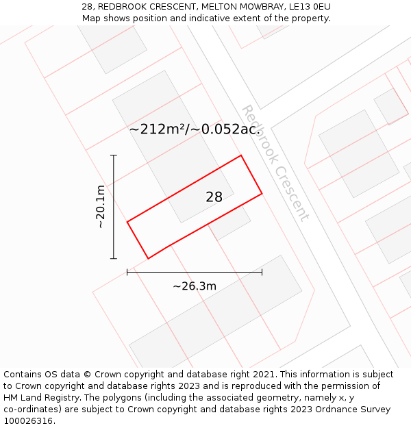 28, REDBROOK CRESCENT, MELTON MOWBRAY, LE13 0EU: Plot and title map