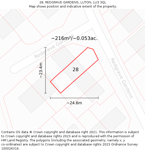 28, REDGRAVE GARDENS, LUTON, LU3 3QL: Plot and title map