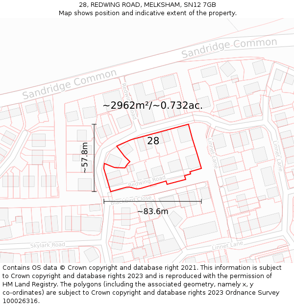 28, REDWING ROAD, MELKSHAM, SN12 7GB: Plot and title map