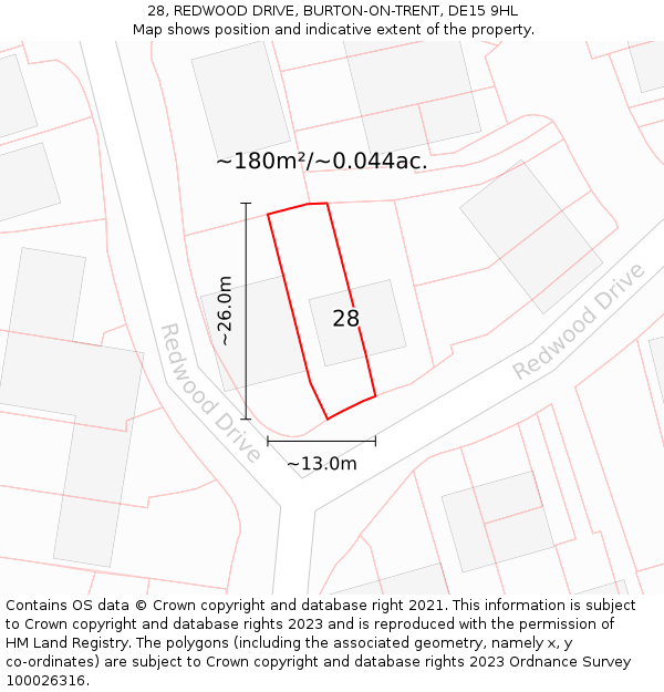 28, REDWOOD DRIVE, BURTON-ON-TRENT, DE15 9HL: Plot and title map