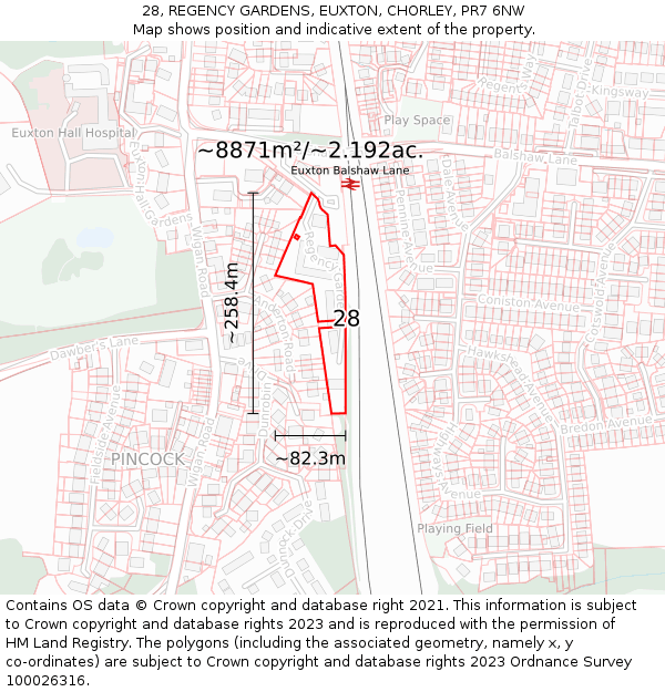 28, REGENCY GARDENS, EUXTON, CHORLEY, PR7 6NW: Plot and title map