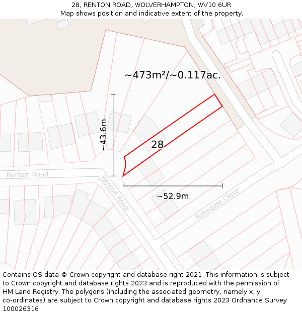28, RENTON ROAD, WOLVERHAMPTON, WV10 6UR: Plot and title map