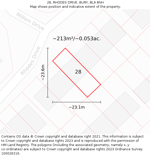 28, RHODES DRIVE, BURY, BL9 8NH: Plot and title map