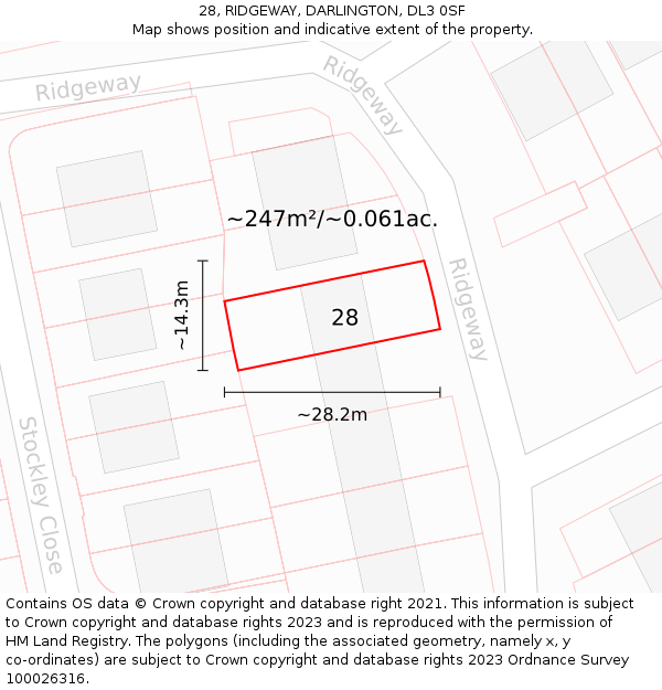 28, RIDGEWAY, DARLINGTON, DL3 0SF: Plot and title map