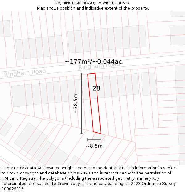 28, RINGHAM ROAD, IPSWICH, IP4 5BX: Plot and title map