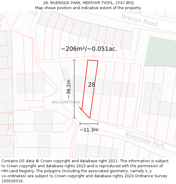 28, RIVERSIDE PARK, MERTHYR TYDFIL, CF47 8PQ: Plot and title map