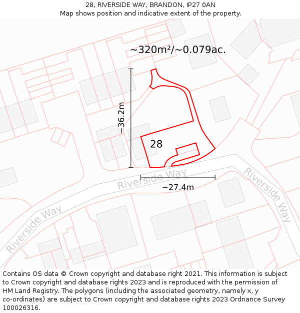 28, RIVERSIDE WAY, BRANDON, IP27 0AN: Plot and title map