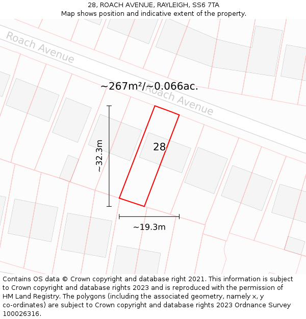 28, ROACH AVENUE, RAYLEIGH, SS6 7TA: Plot and title map