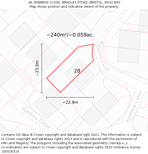 28, ROBBINS CLOSE, BRADLEY STOKE, BRISTOL, BS32 8AS: Plot and title map