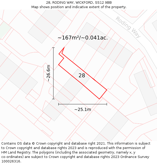 28, RODING WAY, WICKFORD, SS12 9BB: Plot and title map