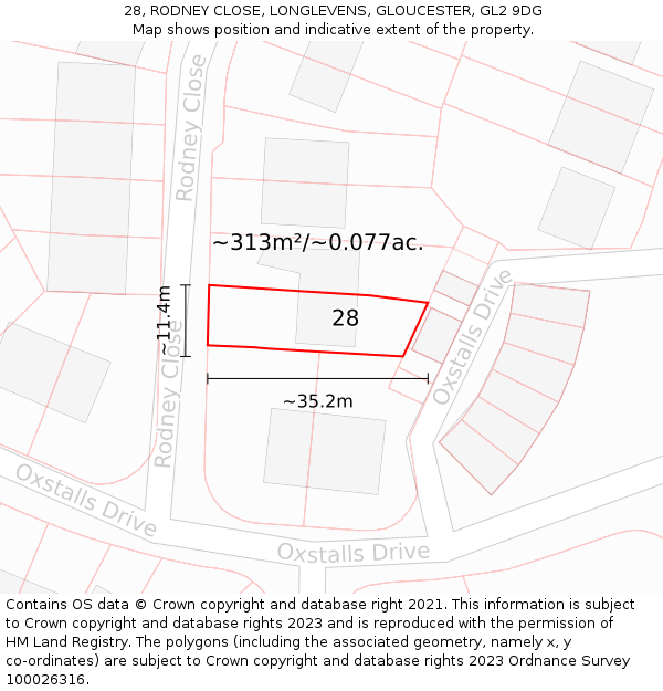 28, RODNEY CLOSE, LONGLEVENS, GLOUCESTER, GL2 9DG: Plot and title map