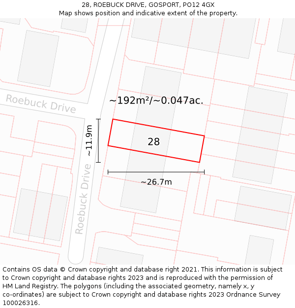 28, ROEBUCK DRIVE, GOSPORT, PO12 4GX: Plot and title map