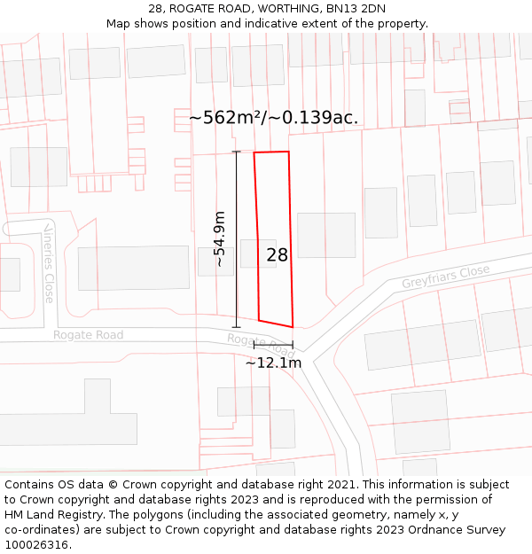 28, ROGATE ROAD, WORTHING, BN13 2DN: Plot and title map