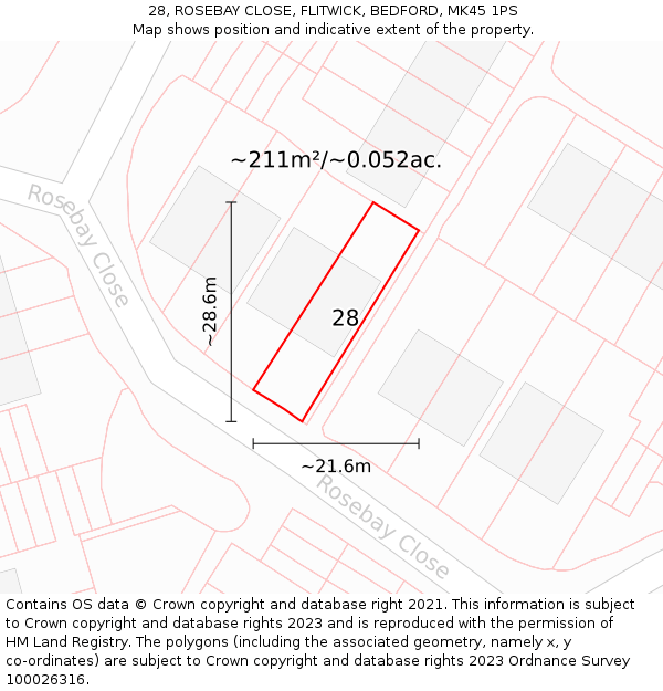 28, ROSEBAY CLOSE, FLITWICK, BEDFORD, MK45 1PS: Plot and title map