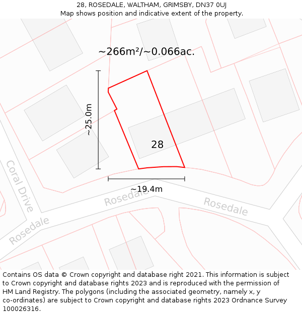 28, ROSEDALE, WALTHAM, GRIMSBY, DN37 0UJ: Plot and title map