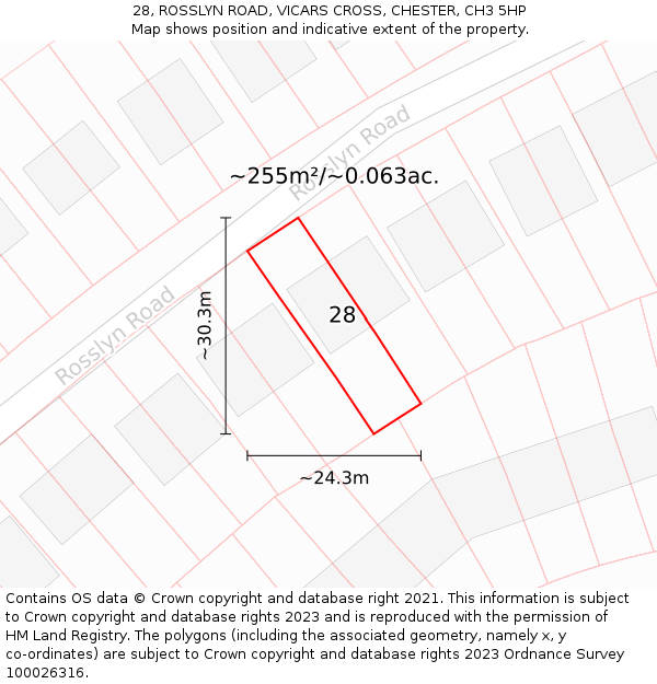 28, ROSSLYN ROAD, VICARS CROSS, CHESTER, CH3 5HP: Plot and title map