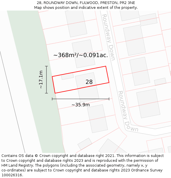 28, ROUNDWAY DOWN, FULWOOD, PRESTON, PR2 3NE: Plot and title map