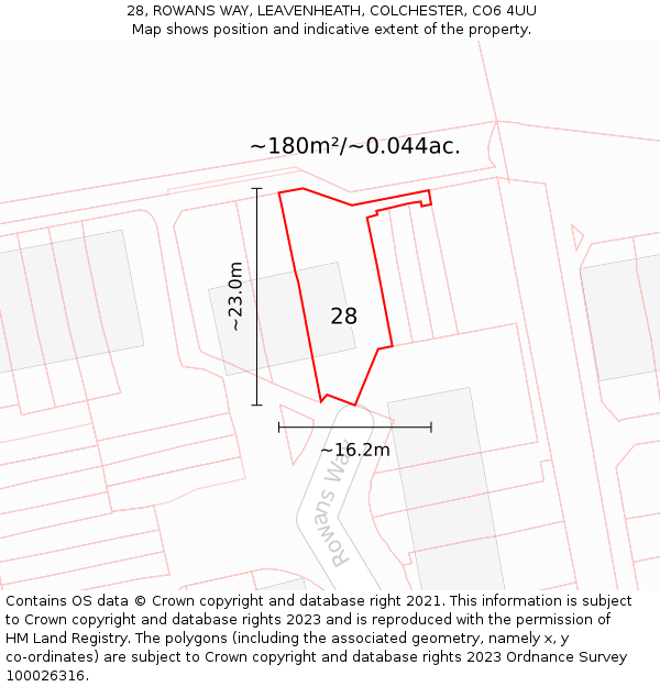 28, ROWANS WAY, LEAVENHEATH, COLCHESTER, CO6 4UU: Plot and title map