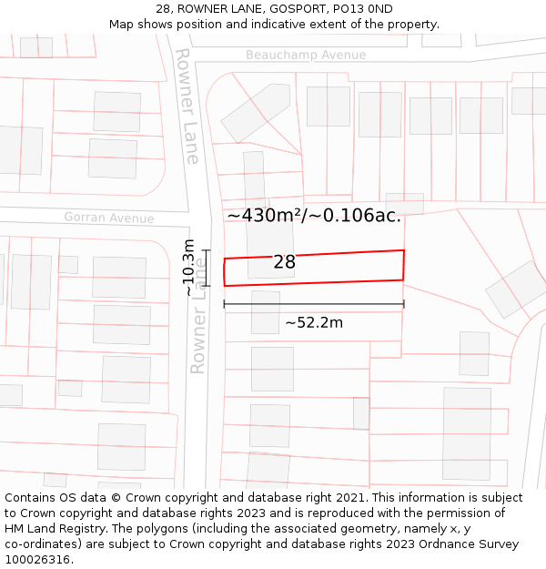28, ROWNER LANE, GOSPORT, PO13 0ND: Plot and title map