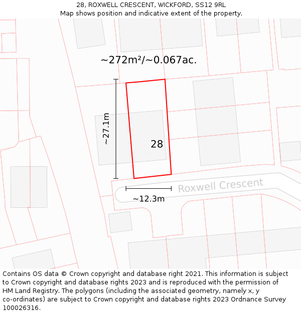 28, ROXWELL CRESCENT, WICKFORD, SS12 9RL: Plot and title map