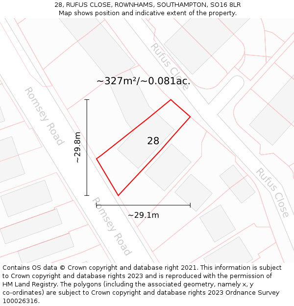 28, RUFUS CLOSE, ROWNHAMS, SOUTHAMPTON, SO16 8LR: Plot and title map