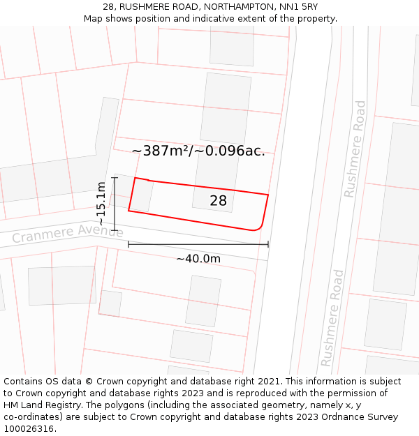 28, RUSHMERE ROAD, NORTHAMPTON, NN1 5RY: Plot and title map