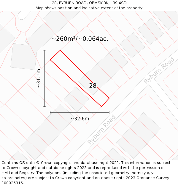 28, RYBURN ROAD, ORMSKIRK, L39 4SD: Plot and title map