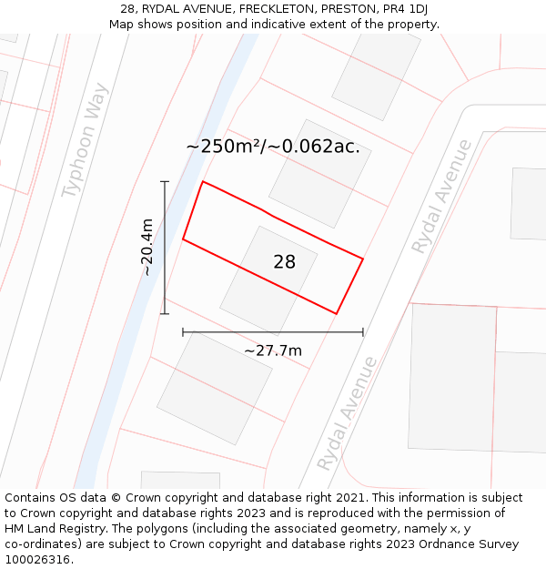 28, RYDAL AVENUE, FRECKLETON, PRESTON, PR4 1DJ: Plot and title map