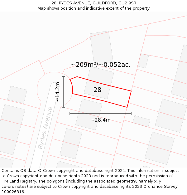 28, RYDES AVENUE, GUILDFORD, GU2 9SR: Plot and title map