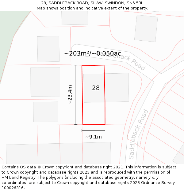 28, SADDLEBACK ROAD, SHAW, SWINDON, SN5 5RL: Plot and title map
