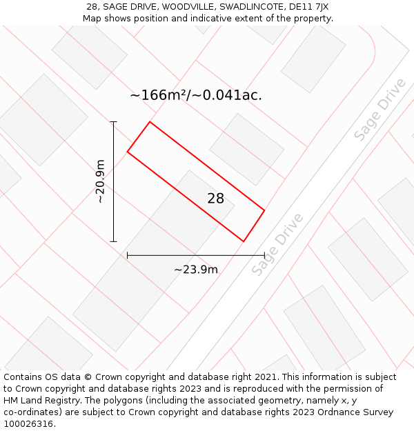 28, SAGE DRIVE, WOODVILLE, SWADLINCOTE, DE11 7JX: Plot and title map