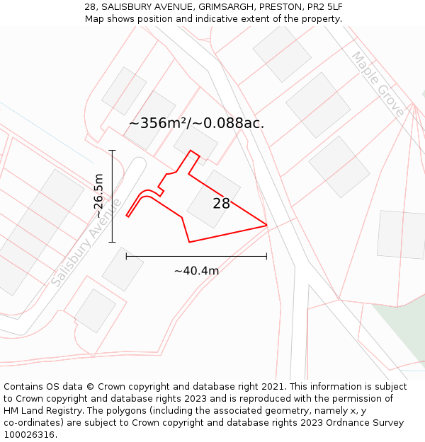 28, SALISBURY AVENUE, GRIMSARGH, PRESTON, PR2 5LF: Plot and title map