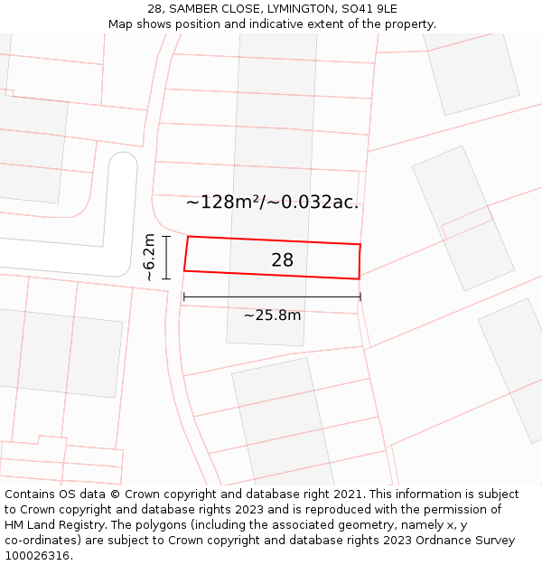 28, SAMBER CLOSE, LYMINGTON, SO41 9LE: Plot and title map