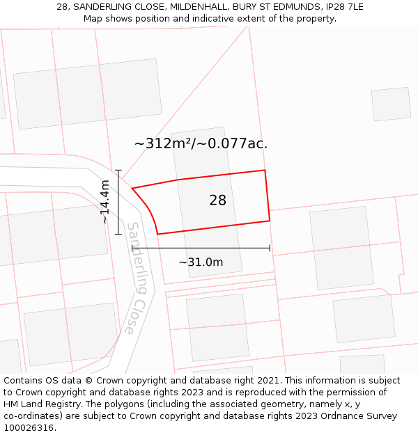 28, SANDERLING CLOSE, MILDENHALL, BURY ST EDMUNDS, IP28 7LE: Plot and title map