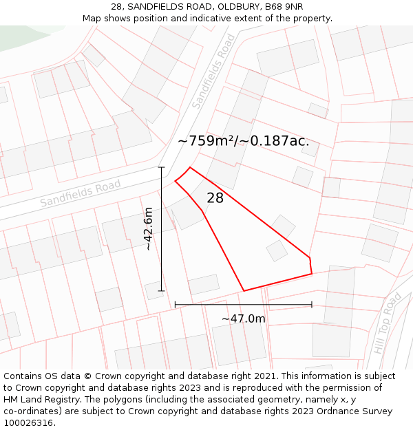 28, SANDFIELDS ROAD, OLDBURY, B68 9NR: Plot and title map