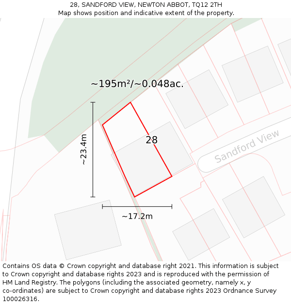 28, SANDFORD VIEW, NEWTON ABBOT, TQ12 2TH: Plot and title map