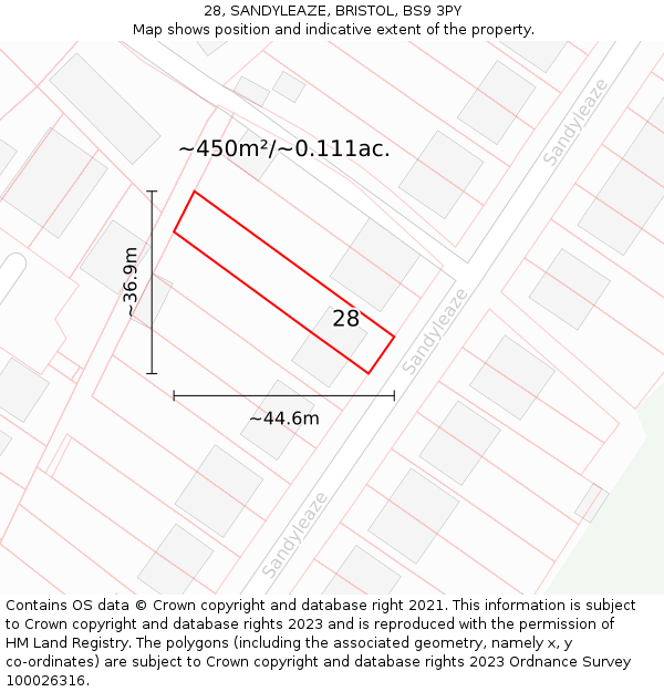 28, SANDYLEAZE, BRISTOL, BS9 3PY: Plot and title map