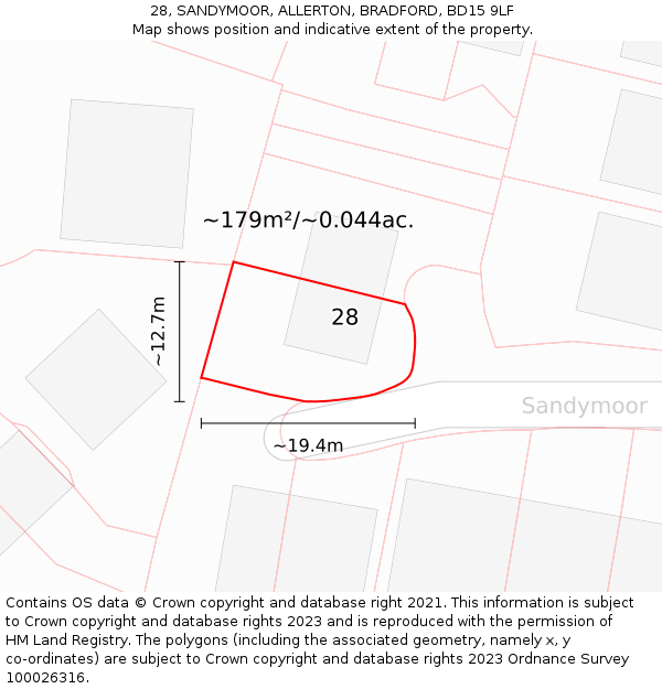 28, SANDYMOOR, ALLERTON, BRADFORD, BD15 9LF: Plot and title map