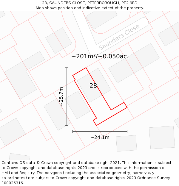 28, SAUNDERS CLOSE, PETERBOROUGH, PE2 9RD: Plot and title map