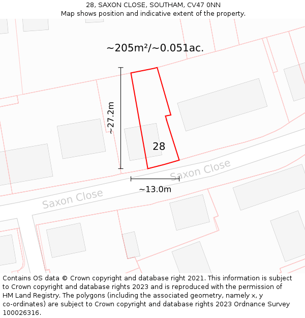 28, SAXON CLOSE, SOUTHAM, CV47 0NN: Plot and title map