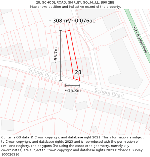 28, SCHOOL ROAD, SHIRLEY, SOLIHULL, B90 2BB: Plot and title map