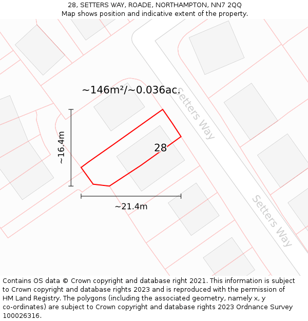 28, SETTERS WAY, ROADE, NORTHAMPTON, NN7 2QQ: Plot and title map