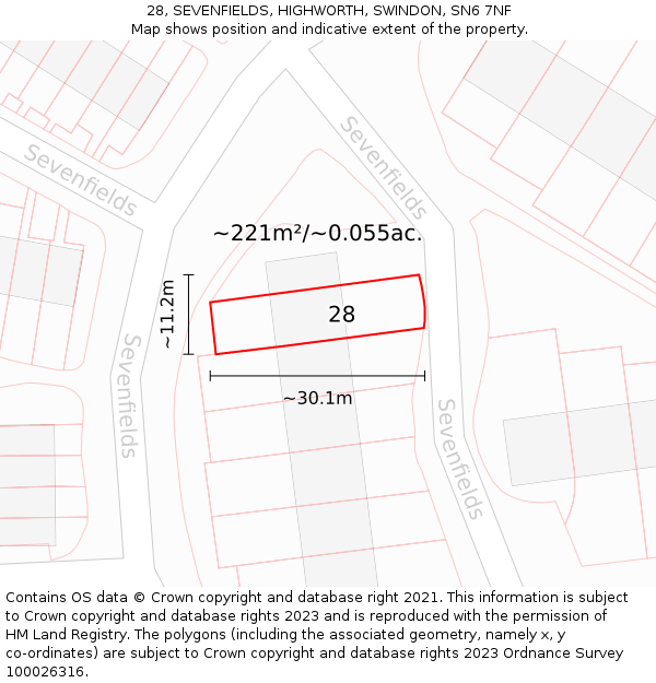 28, SEVENFIELDS, HIGHWORTH, SWINDON, SN6 7NF: Plot and title map