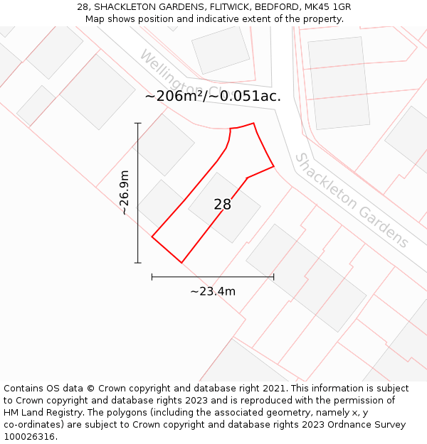 28, SHACKLETON GARDENS, FLITWICK, BEDFORD, MK45 1GR: Plot and title map